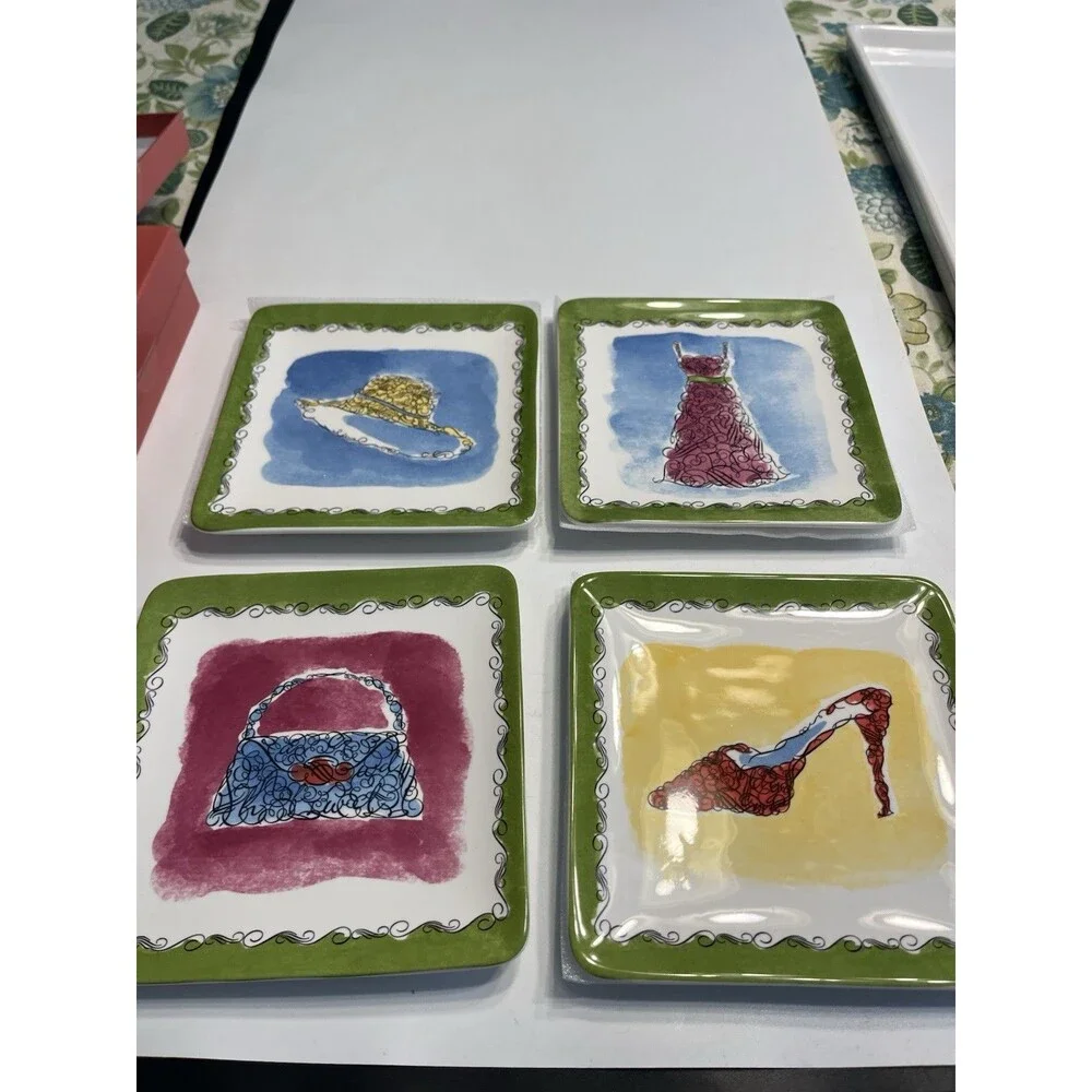 Pier 1 Square Appetizer 6” Plates Featuring Hats, Dress, Shoes & Purse 8pcs